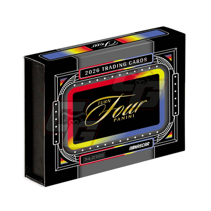 Panini Turn Four 2026 Trading Cards booster box packaging, featuring a black background with a colorful central graphic and gold 'Turn Four Panini' script.