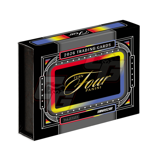 Panini Turn Four 2026 Trading Cards booster box packaging, featuring a black background with a colorful central graphic and gold 'Turn Four Panini' script.