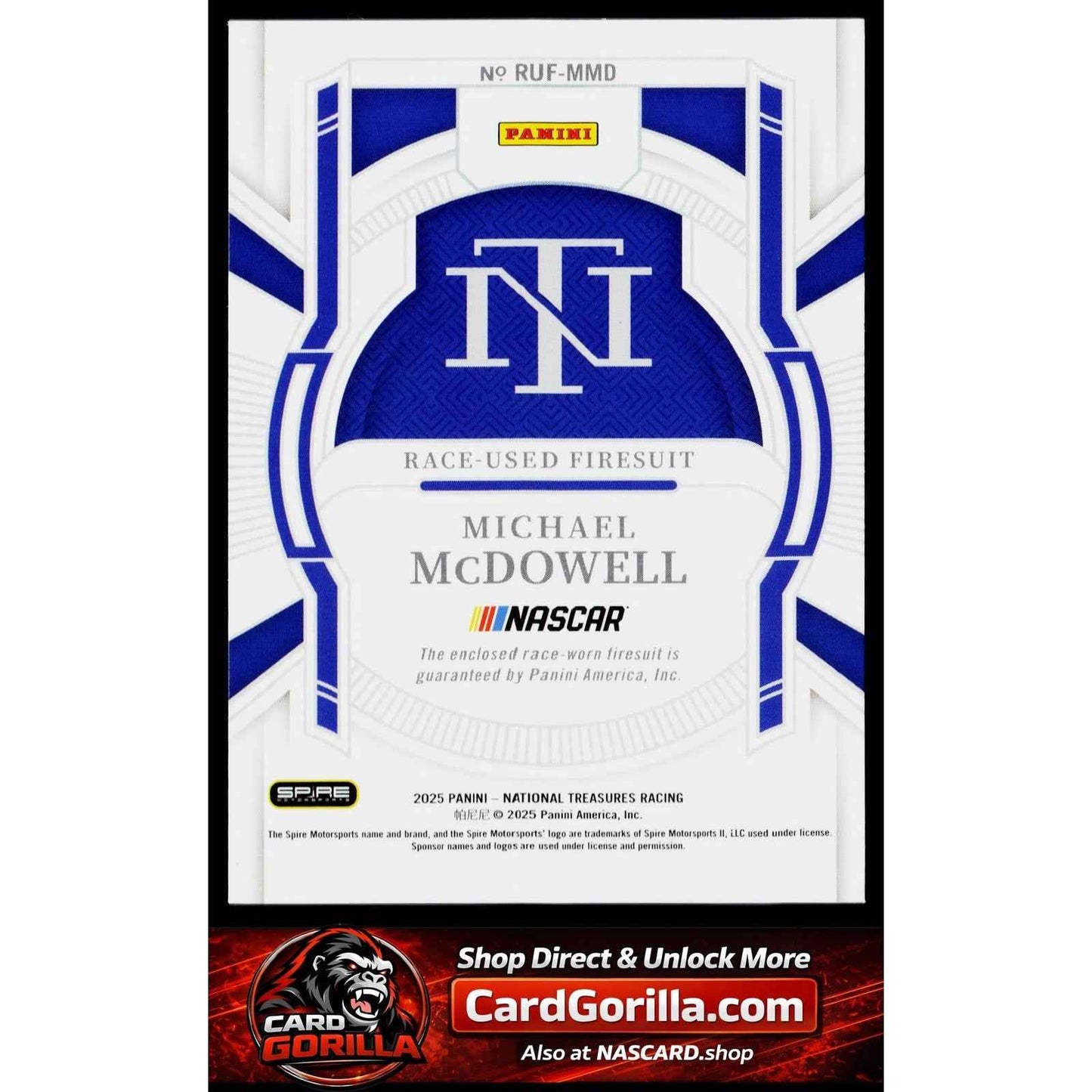 2025 Panini National Treasures Michael McDowell Race Used Firesuit Blue #/75