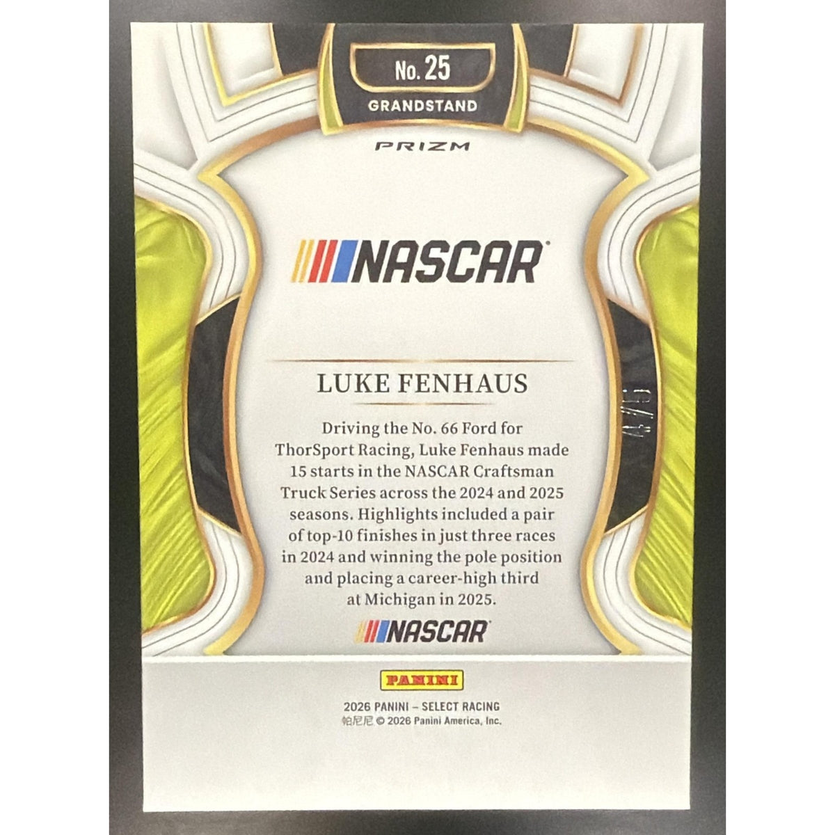 2026 Panini Select NASCAR Luke Fenhaus #25 Set - Grandstand Green Ice Prizms 4/5