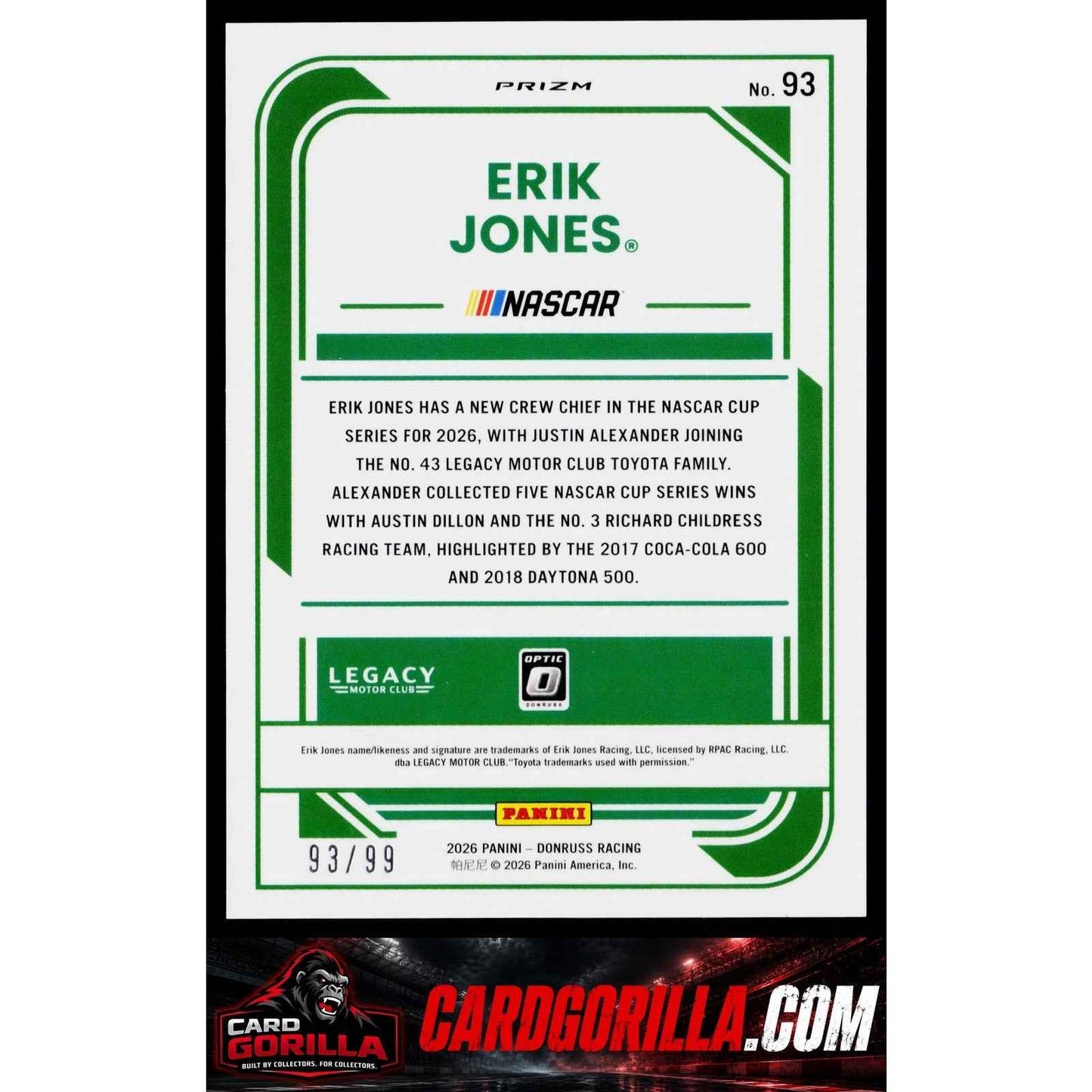 2026 Donruss #93 Erik Jones Optic Green Velocity #/99