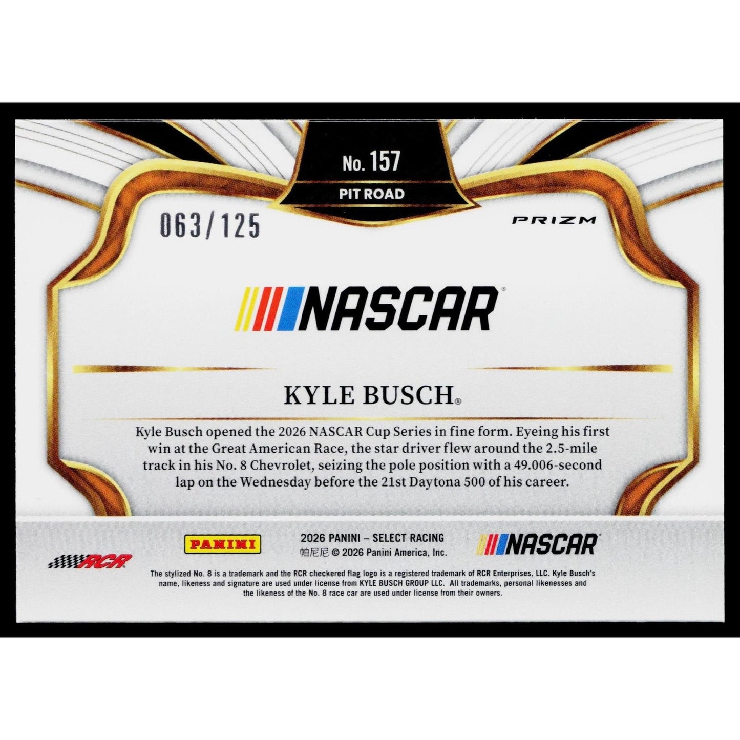 2026 Panini Select #157 Kyle Busch Maroon Prizms #/125