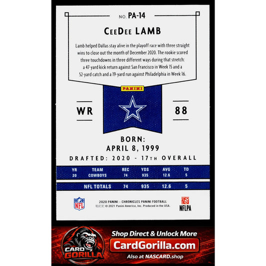 2020 Panini Chronicles #PA-14 CeeDee Lamb Panini Green