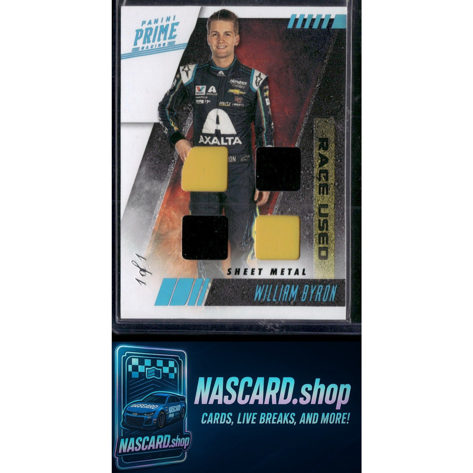 2019 Panini Prime William Byron Race Used Quads Sheet Metal Platinum Blue 1/1 - NASCARD.shop