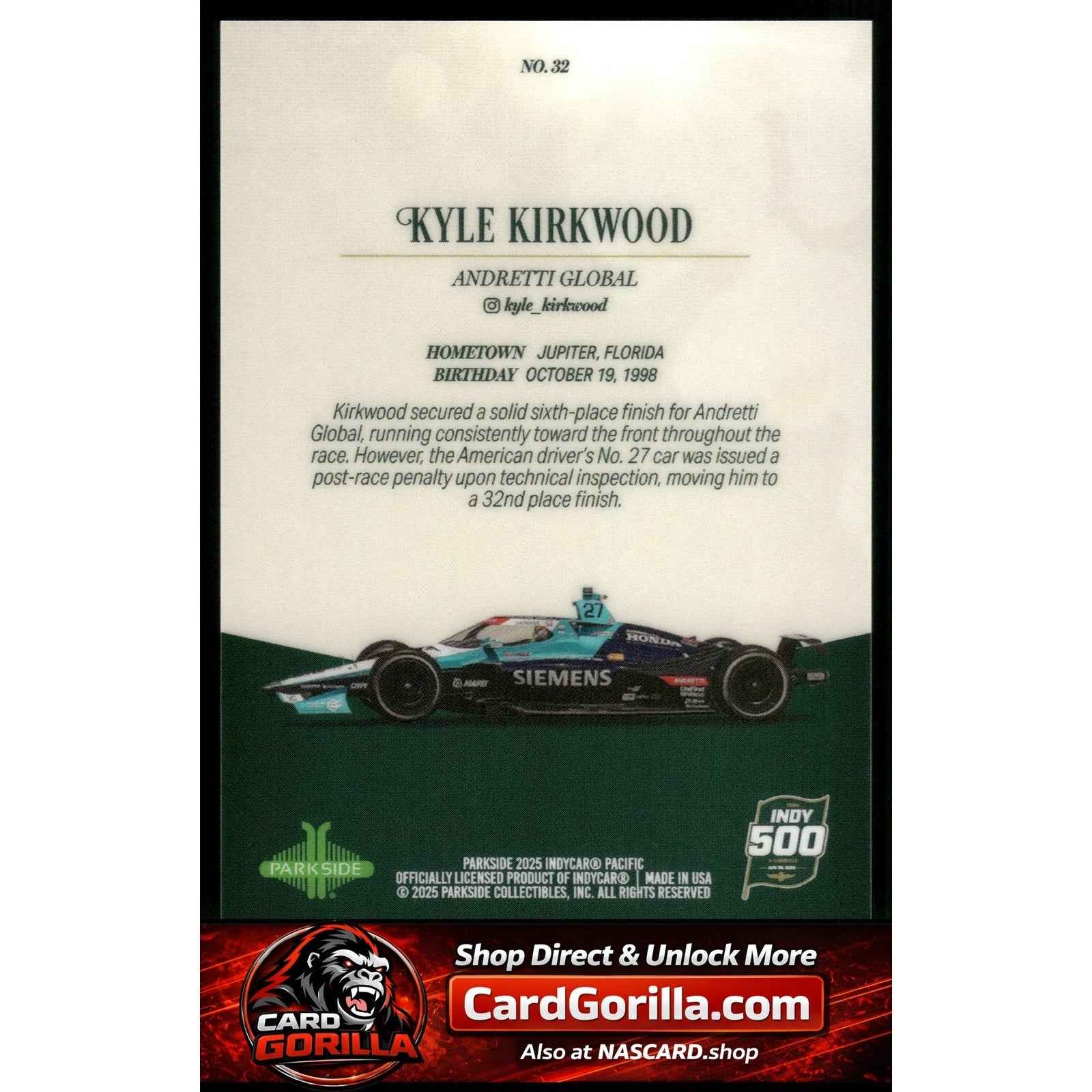 2025 Parkside Indy 500 Pacific #32 Kyle Kirkwood