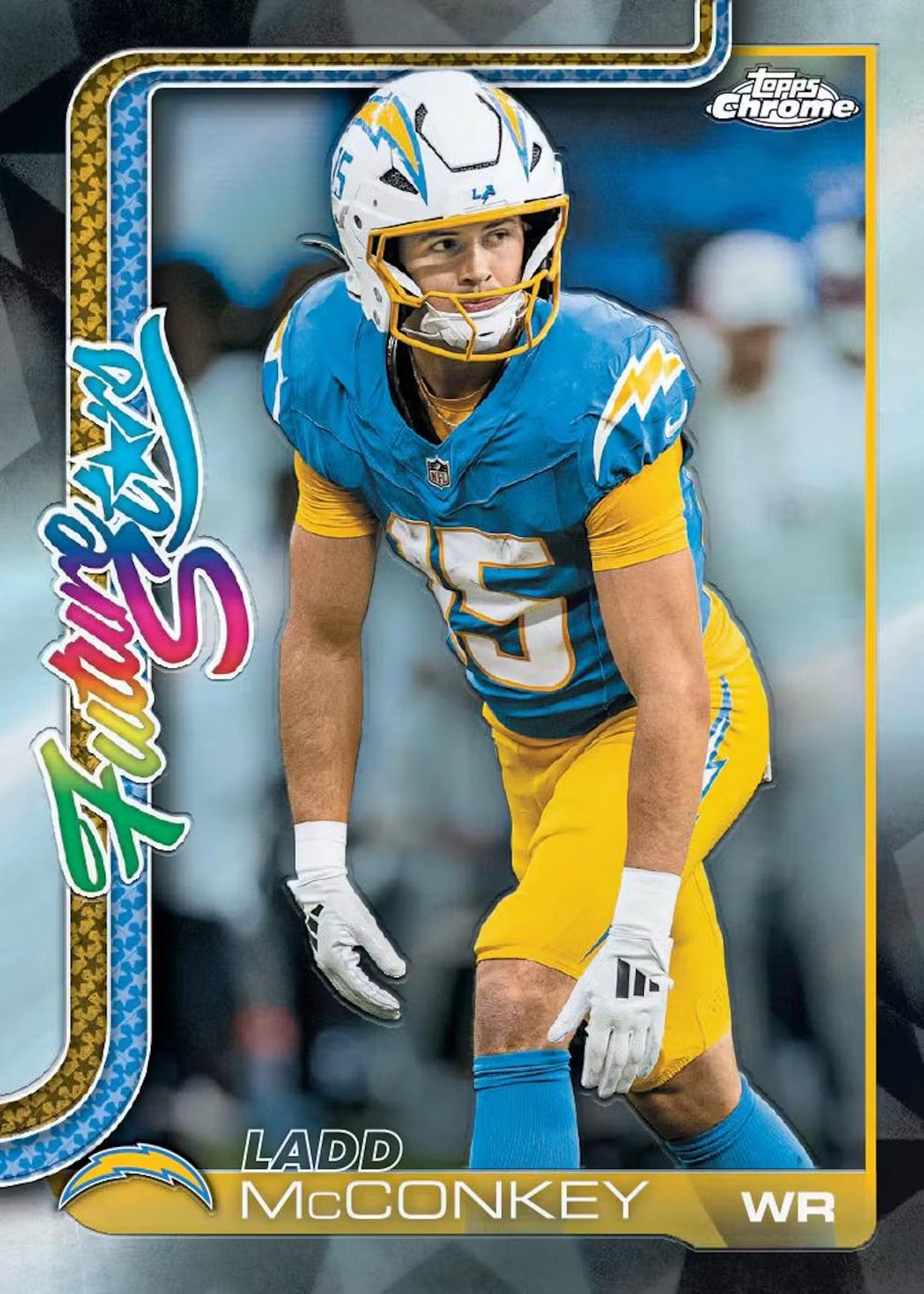 Football trading card of Ladd McConkey in a blue and yellow uniform with 'Topps Chrome' branding.