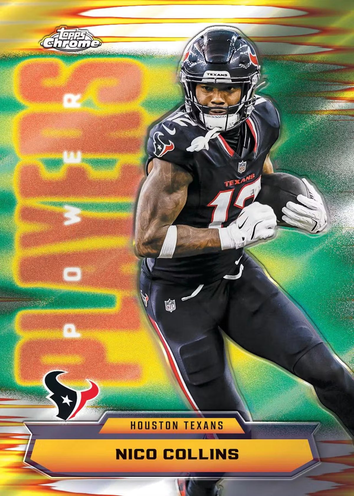 Football trading card of Nico Collins from the Houston Texans with colorful background