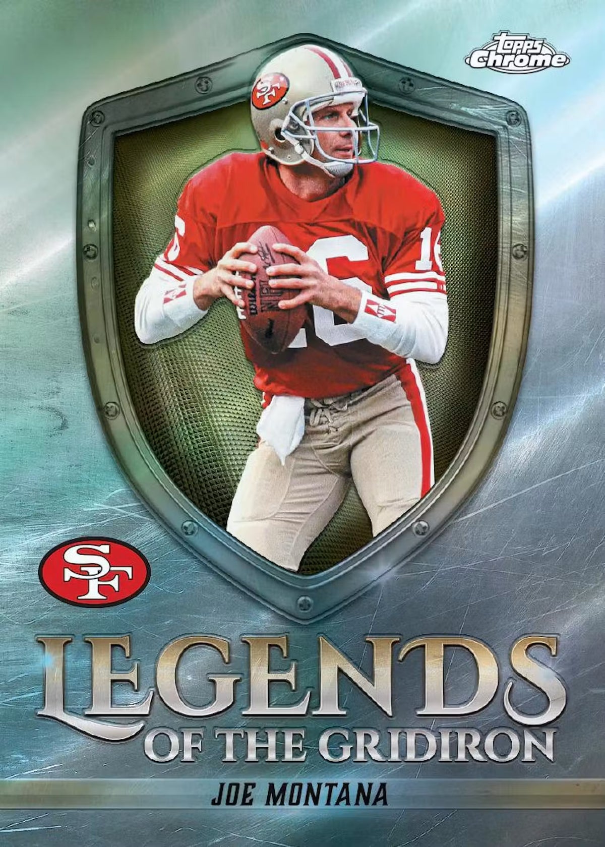Trading card of Joe Montana in a red jersey with 'Legends of the Gridiron' branding.