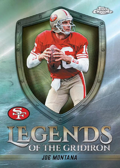 Trading card of Joe Montana in a red jersey with 'Legends of the Gridiron' branding.