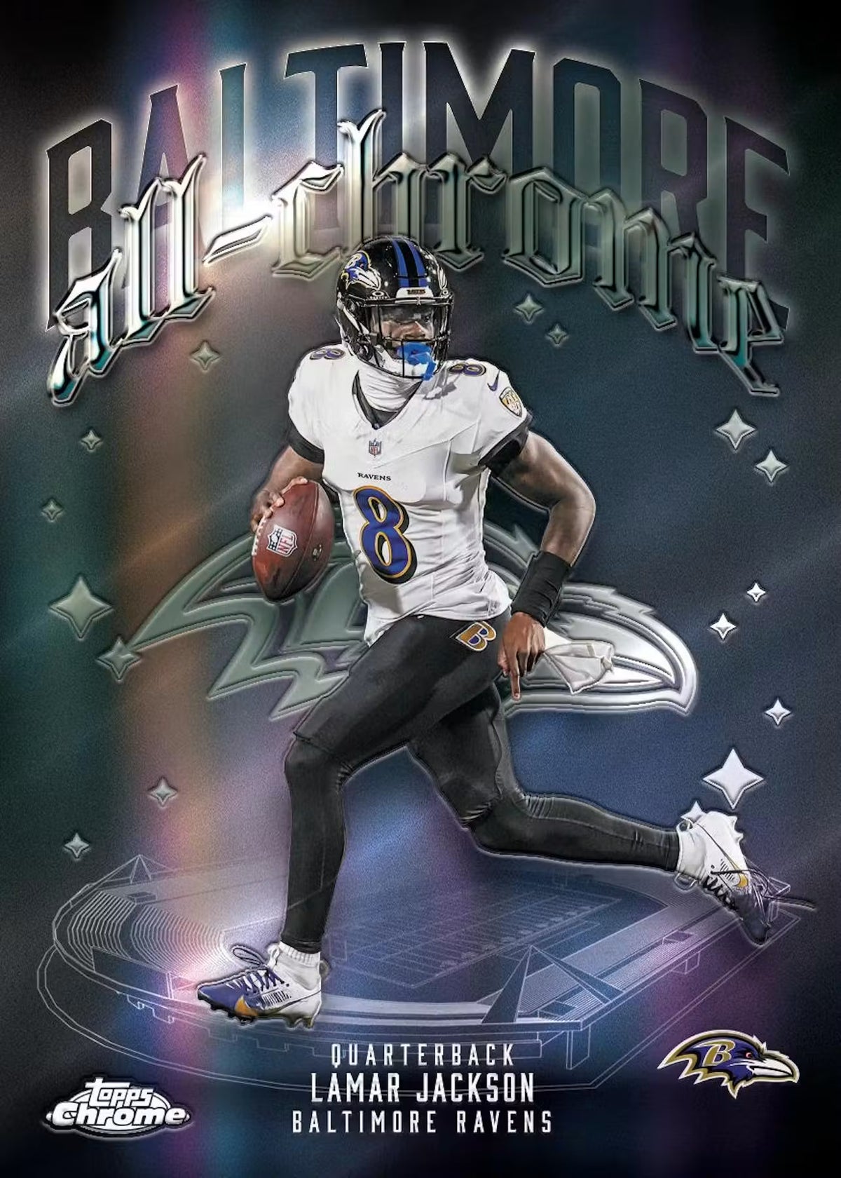 Baltimore Ravens football player with ball on a dark background
