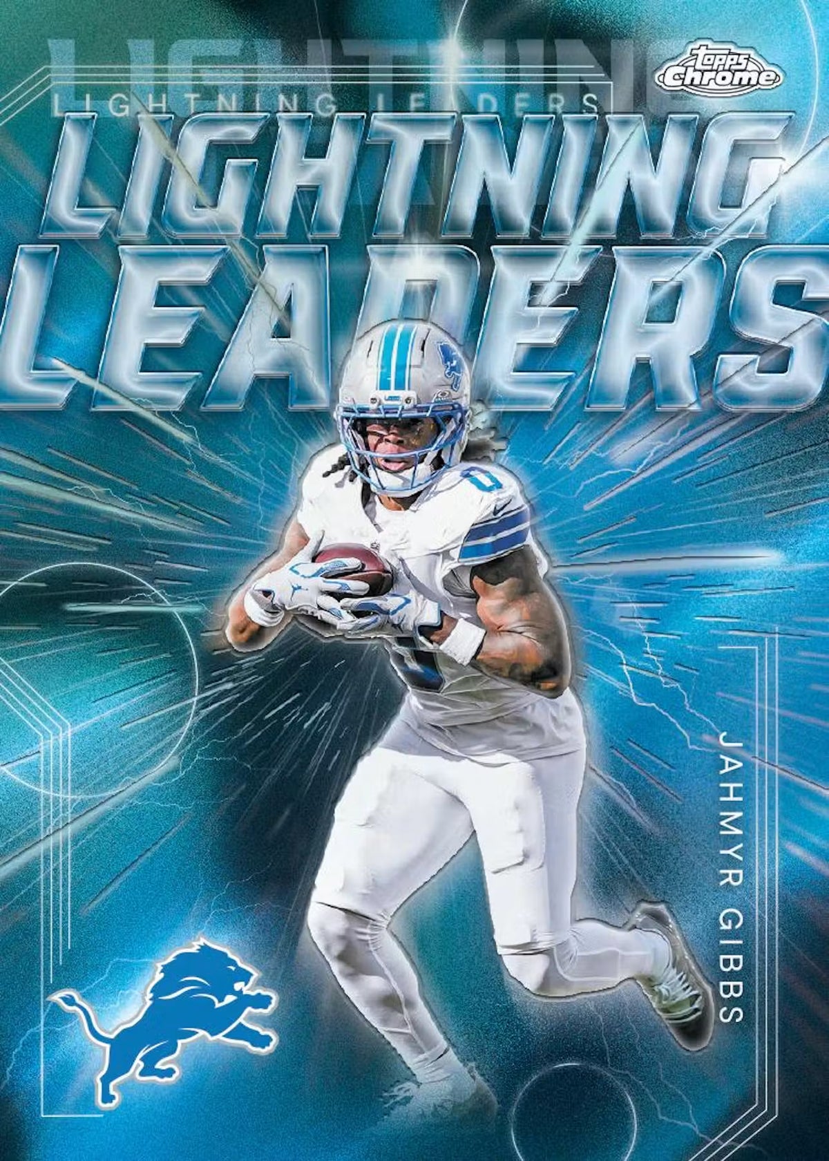 Football trading card featuring a player in a white uniform with blue accents, holding a football, on a blue and white background with 'Lightning Leaders' text.