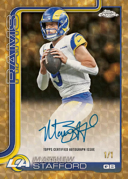 Football trading card of Matthew Stafford with autograph, Topps logo, and Rams branding.