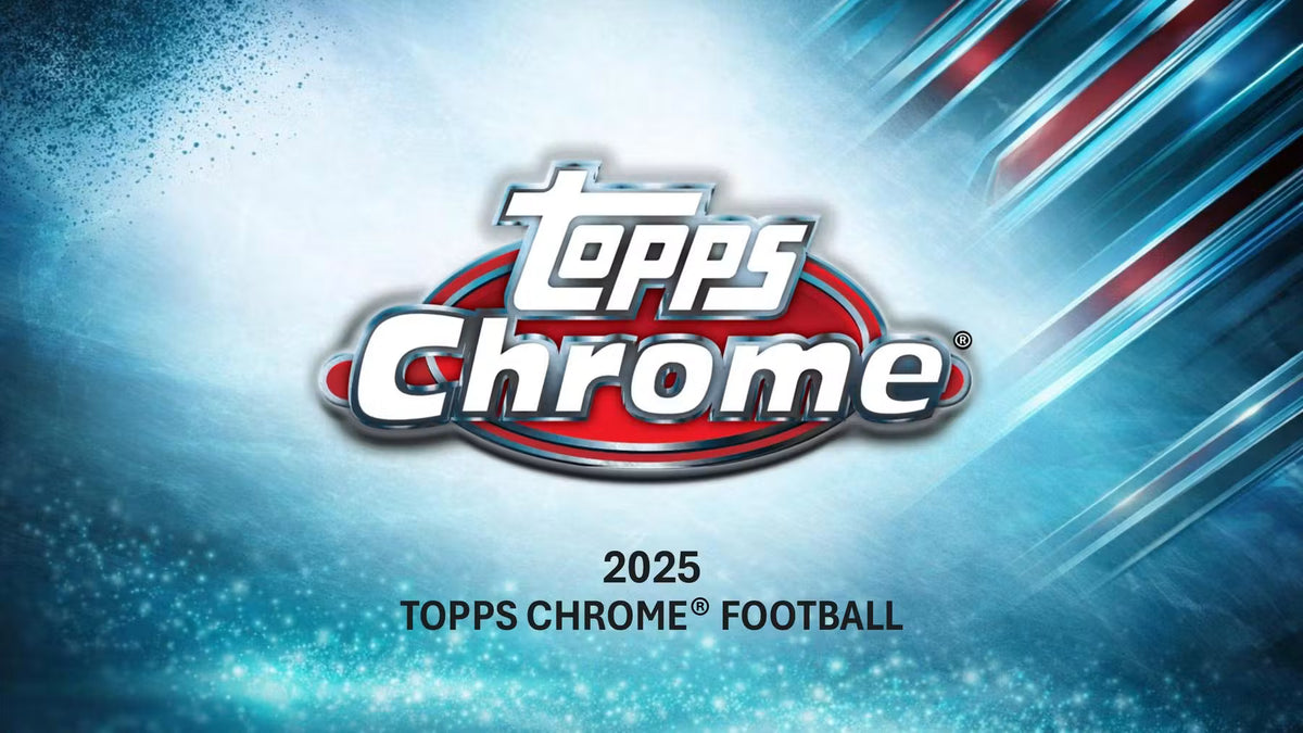 Topps Chrome 2025 football trading card logo on a blue background