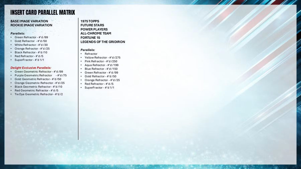 A printed reference card titled 'INSERT CARD PARALLEL MATRIX' with columns of text listing various laser reflection and refractive parameters such as Green Reflector, Gold Reflector, White Reflector, Orange Reflector, Super Reflector, and 1974 TOPS FUTURE STARS. The card has a white background with blue and black text, framed by a blue and white diagonal striped border.