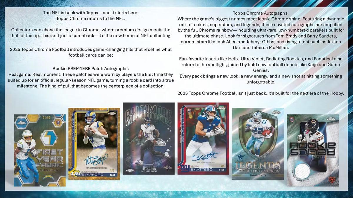 Promotional image of 2023 Topps Chrome Football trading cards with text about the product.