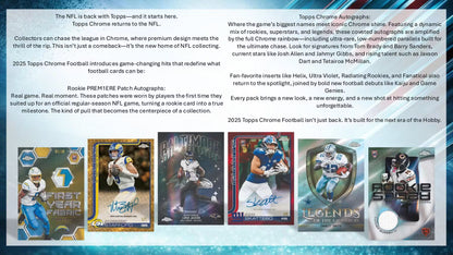 Promotional image of 2023 Topps Chrome Football trading cards with text about the product.