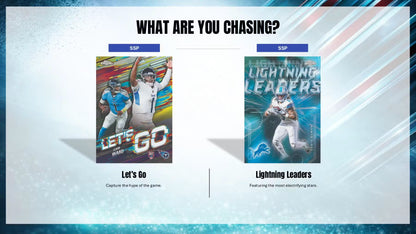 Two sports-themed trading card designs on a promotional screen with text 'What are you chasing?'