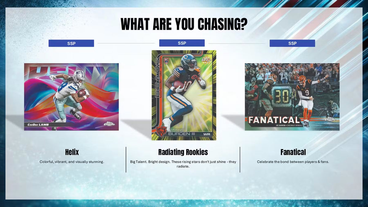 A promotional graphic titled 'WHAT ARE YOU CHASING?' showing three football trading card examples labeled 'Helix,' 'Radiating Rookies,' and 'Fanatical,' with SSP branding and a blue sports-themed background.