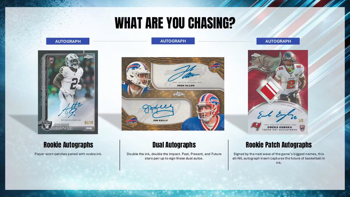 Promotional graphic for sports trading cards featuring autographs and rookie patches.