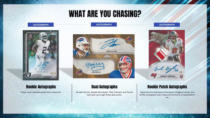 Promotional graphic for sports trading cards featuring autographs and rookie patches.