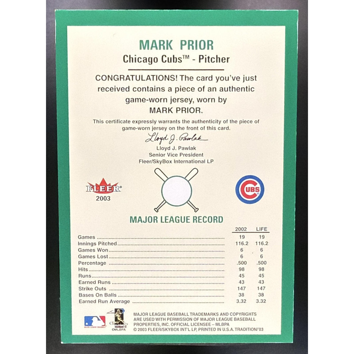 2003 Fleer Tradition Mark Prior #NNO Game Used Cubs