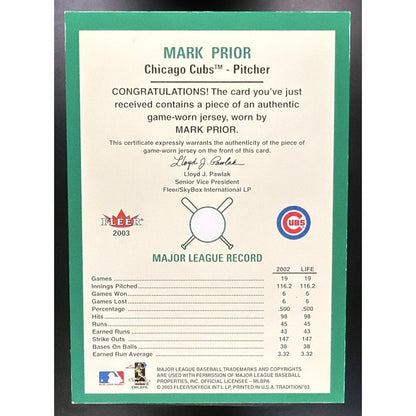 2003 Fleer Tradition Mark Prior #NNO Game Used Cubs