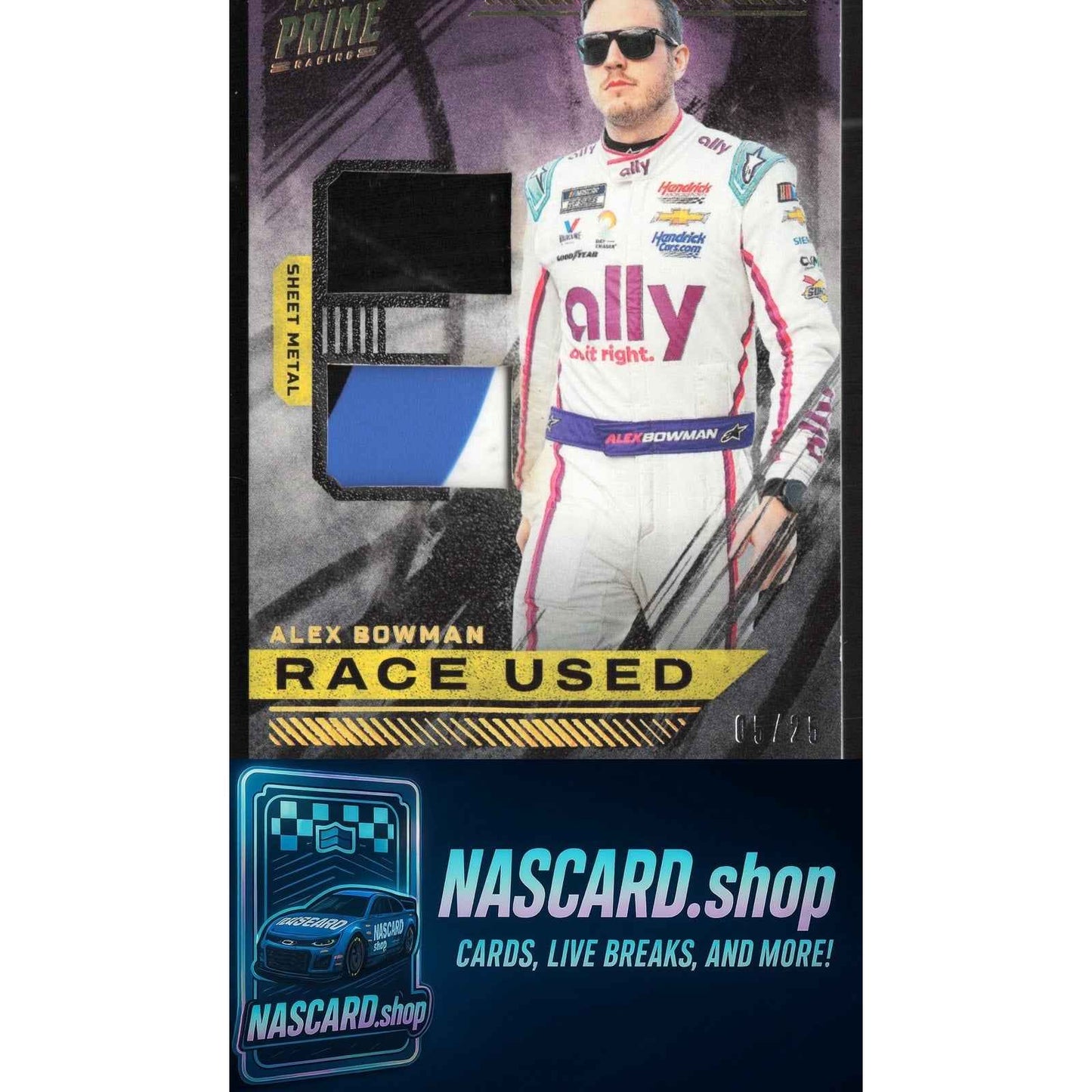 2023 Panini Prime Alex Bowman Race Used Duals Sheet Metal Holo Gold #/25