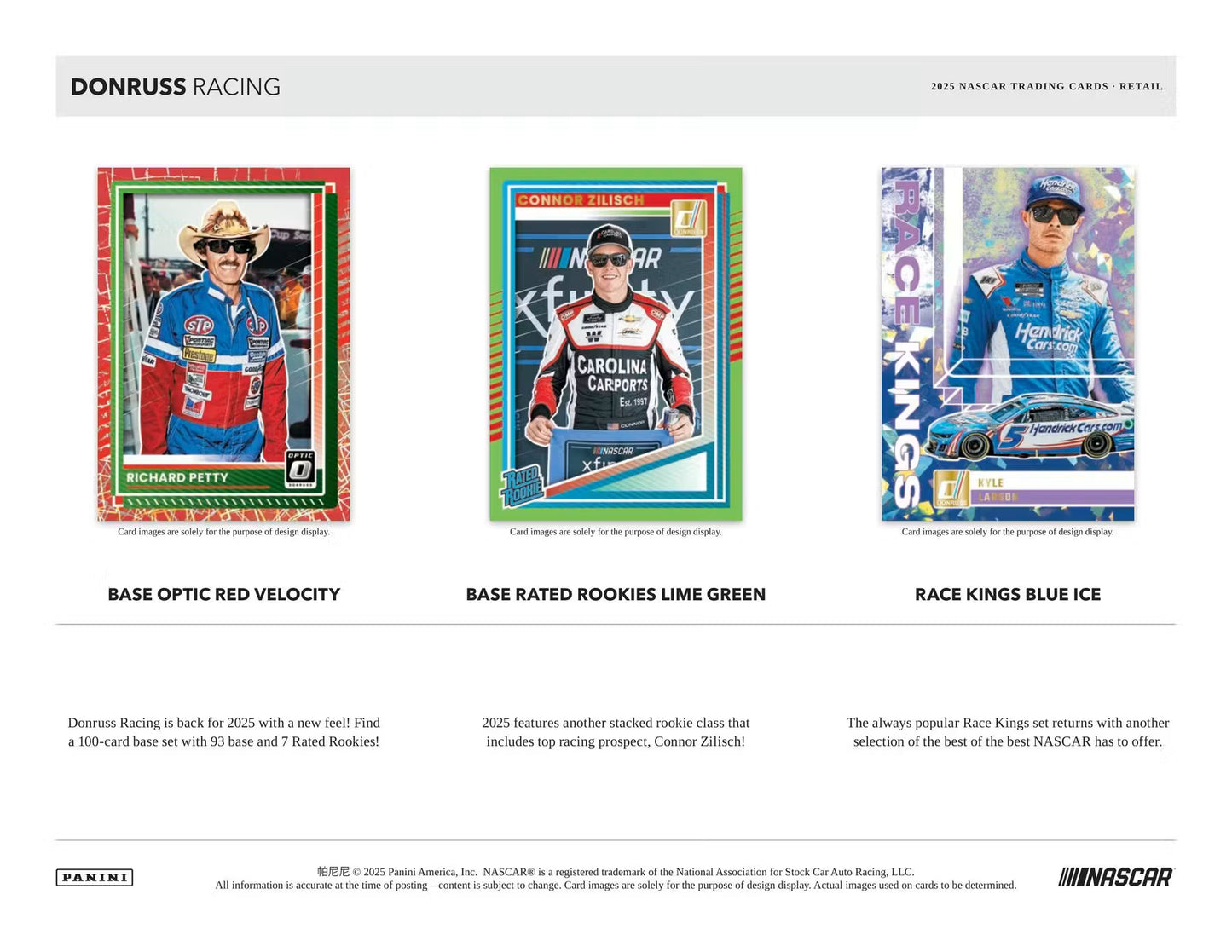 A promotional card set for 2025 Donruss Racing trading cards, featuring three preview cards: Base Optic Red Velocity, Base Rated Rookie Lime Green, and Race Kings Blue Ice. The layout includes Donruss Racing branding, card descriptions, and Panini and NASCAR logos at the bottom.