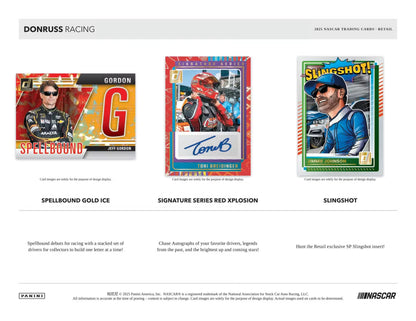 A promotional graphic for Donruss Racing 2023 NASCAR trading cards, showing three card designs: Spellbound Gold Ice, Signature Series Red Xplosion, and Slingshot. The layout includes the Donruss Racing logo at the top, descriptions of each card, and Panini and NASCAR branding at the bottom.