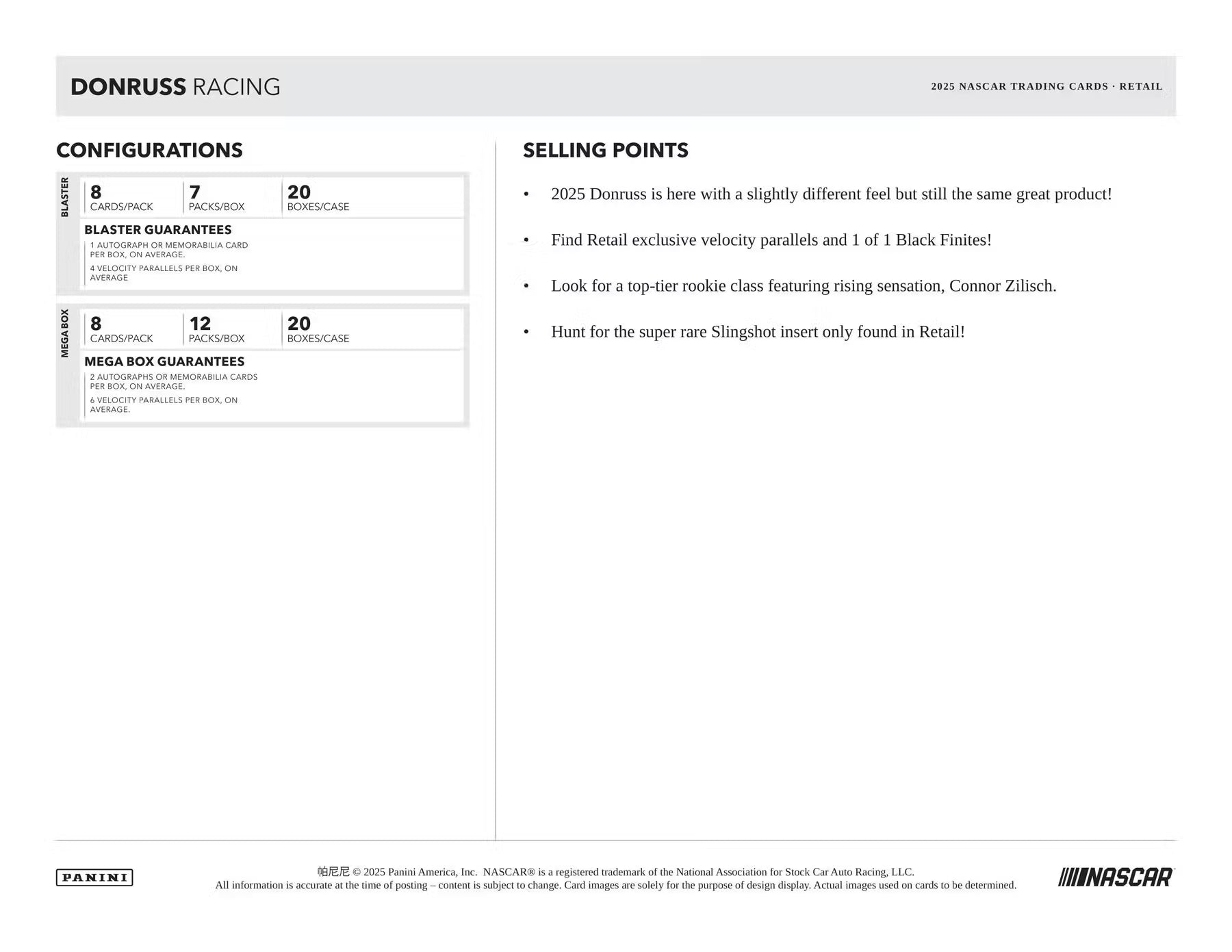 A printed or digital informational sheet for Donruss Racing 2025 trading card cars, showing configurations and selling points on a white page with gray and black text.