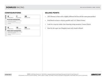A printed or digital informational sheet for Donruss Racing 2025 trading card cars, showing configurations and selling points on a white page with gray and black text.