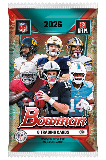 A 2026 Bowman NFLPA trading card pack featuring a collage of football players on the front, with the Bowman logo and NFL shield visible.