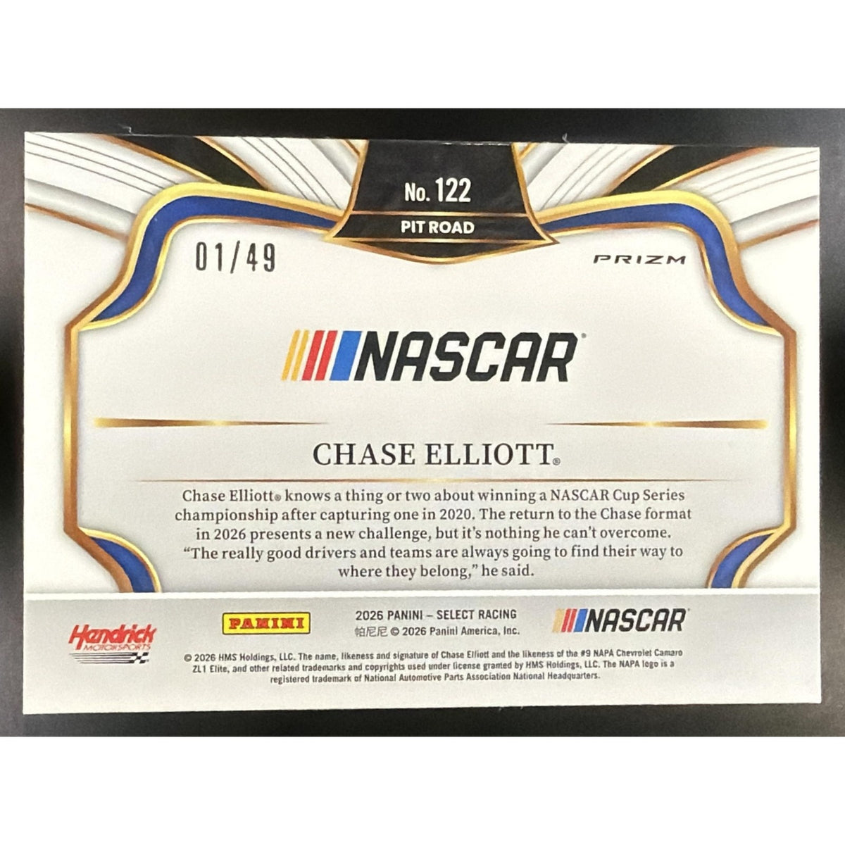 2026 Panini Select NASCAR Chase Elliott #122 Set - Pit Road Orange Prizms 1/49