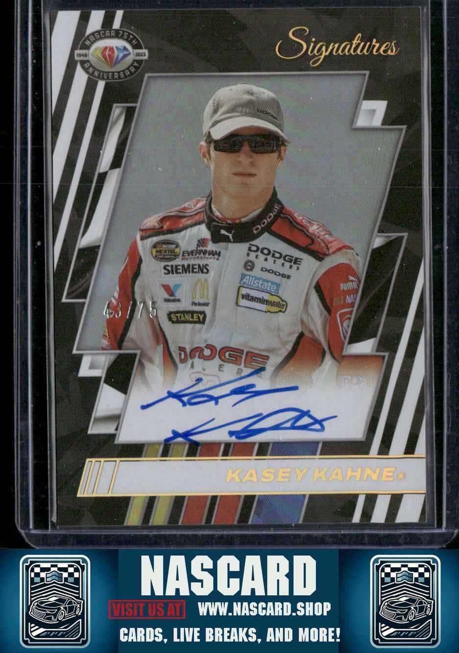2023 Panini Prime #75-KK Kasey Kahne NASCAR 75th Anniversary Signatures Holo #/75 - NASCARD.shop