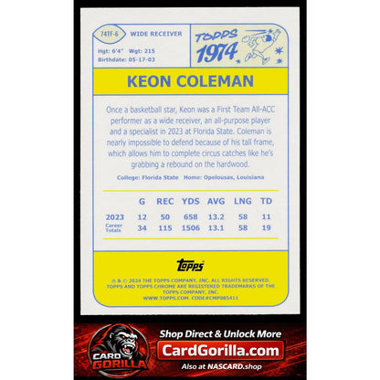 2024 Topps Chrome #74TF-6 Keon Coleman 1974 Topps Football