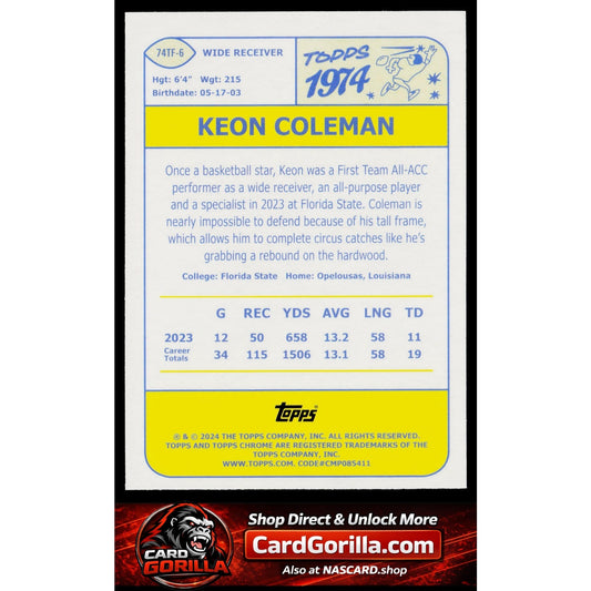 2024 Topps Chrome #74TF-6 Keon Coleman 1974 Topps Football