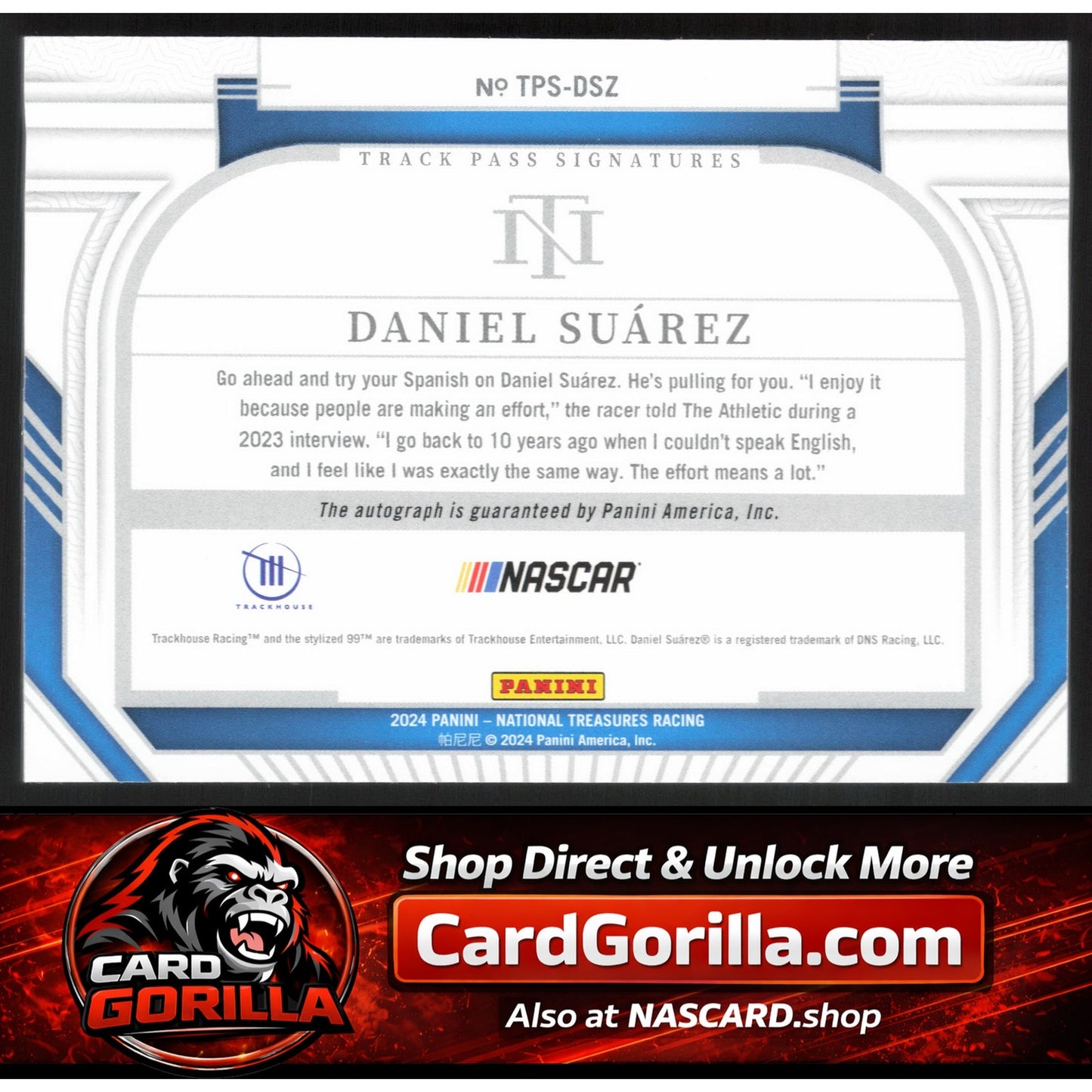2024 Panini National Treasures #TPS-DSZ Daniel Suarez Track Pass Signatures #/99