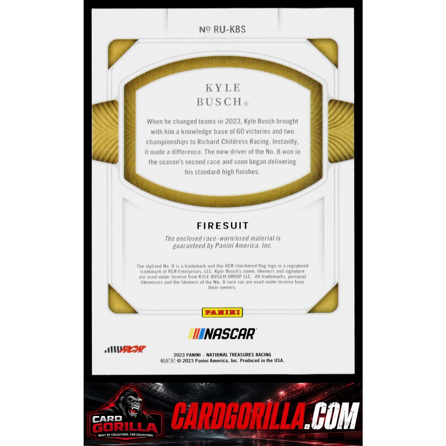 2023 Panini National Treasures #RU-KBS Kyle Busch Race Used Firesuits #/99