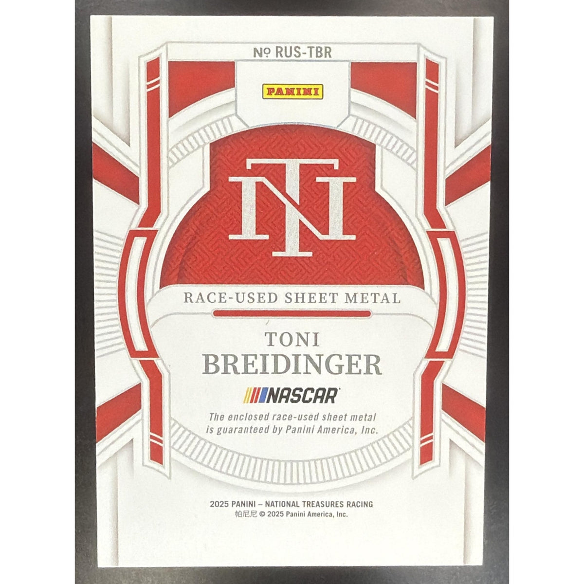 2025 Panini National Treasures Toni Breidinger #18 Race Used Sheet Metal /99 MEM