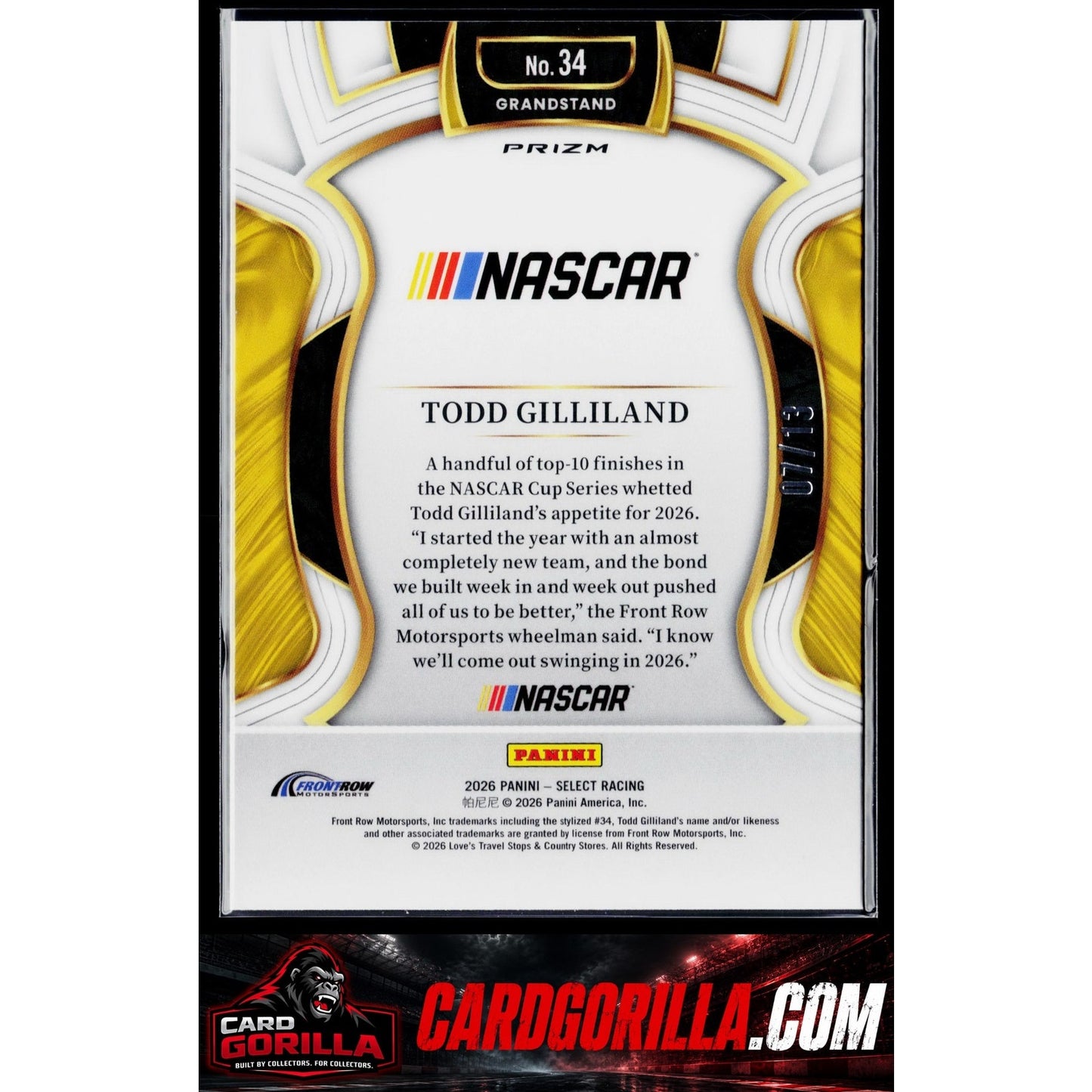 2026 Panini Select Racing #34 Todd Gilliland Grandstand Gold Power Plaid #/13