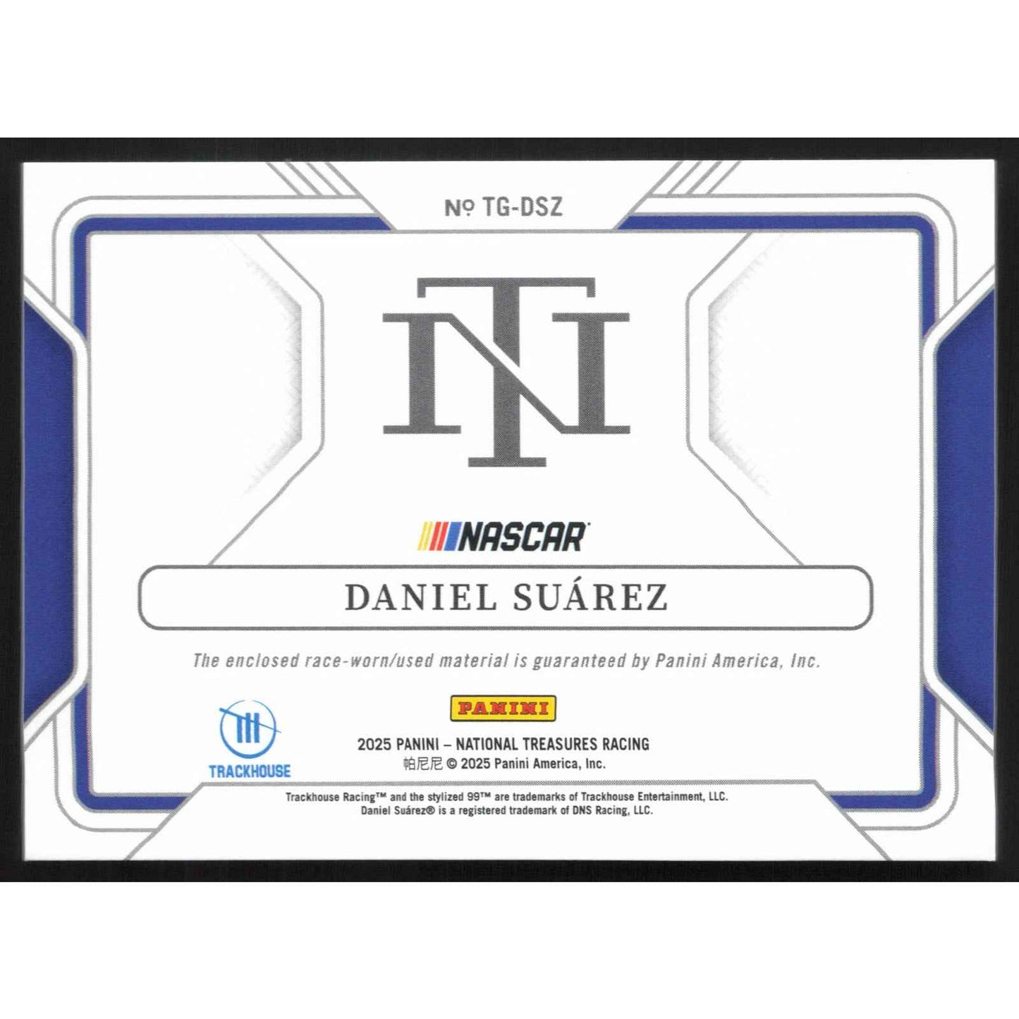 2025 Panini National Treasures #TG-DSZ Daniel Suarez Track Gear Blue #/75