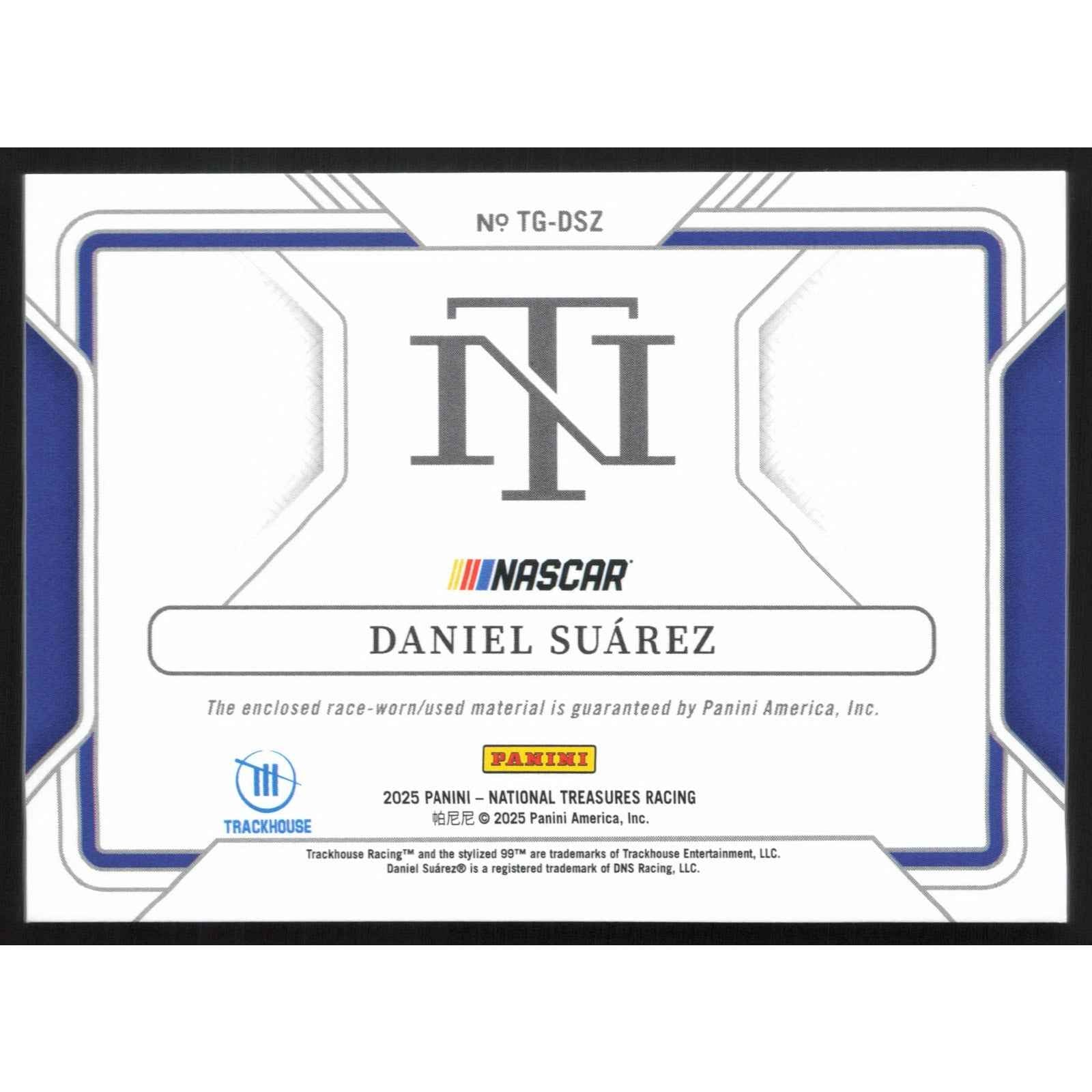 2025 Panini National Treasures #TG-DSZ Daniel Suarez Track Gear Blue #/75
