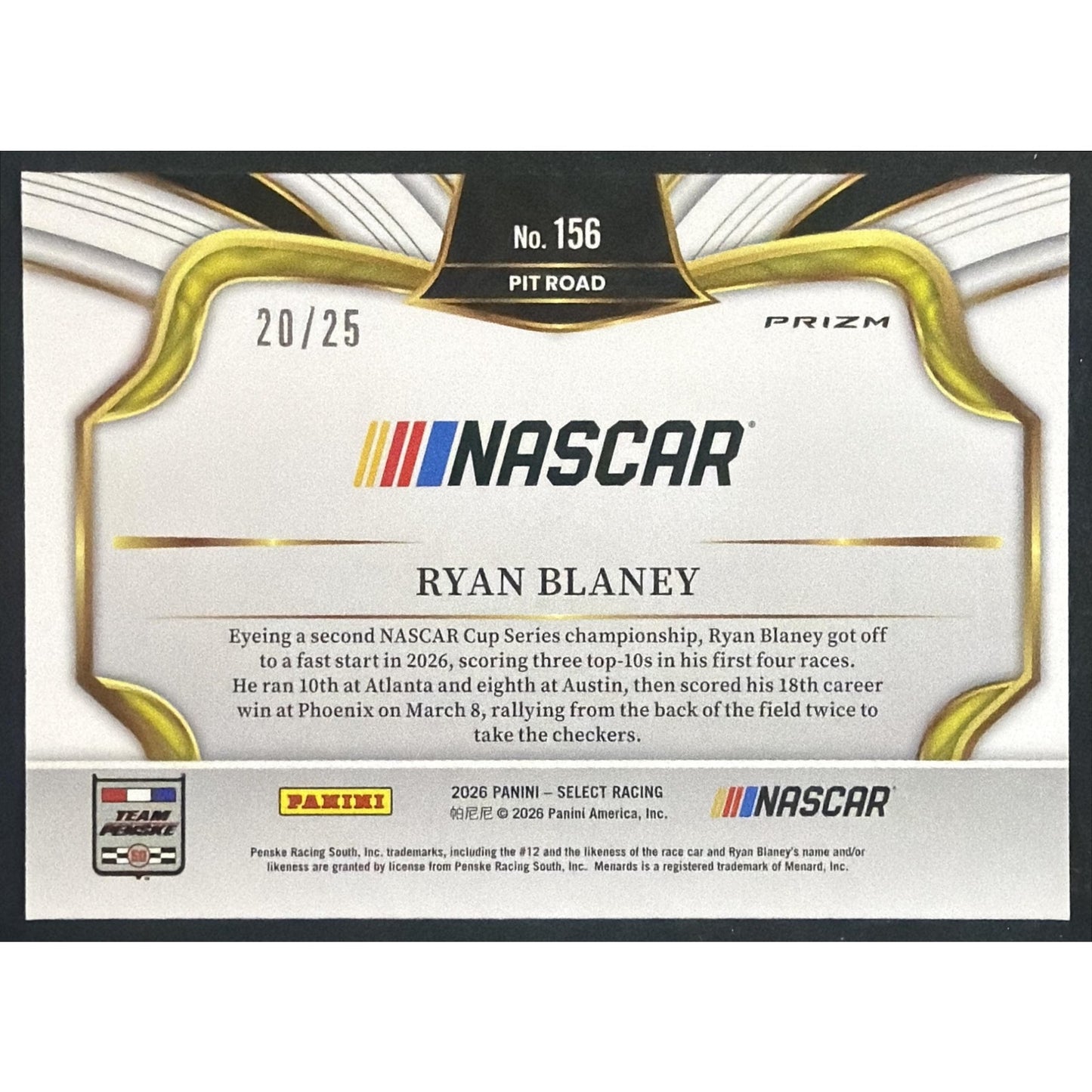 2026 Panini Select NASCAR Ryan Blaney #156 Set - Pit Road Tie-Dye Prizms 20/25