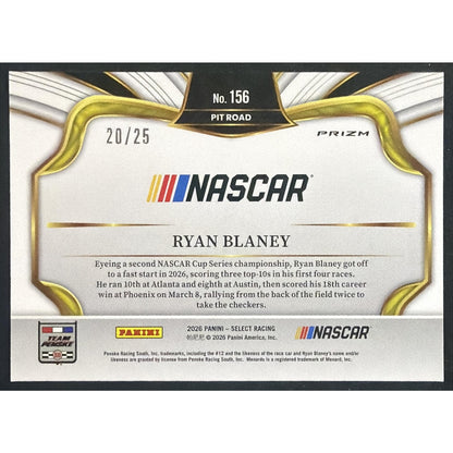 2026 Panini Select NASCAR Ryan Blaney #156 Set - Pit Road Tie-Dye Prizms 20/25
