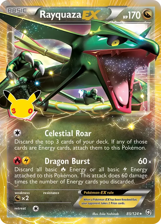 A single Pokémon trading card for RayquazaEX from the Basic set, featuring artwork of a green dragon with a large open mouth and a yellow Pikachu silhouette on the left. The card includes attack text such as Celestial Roar and Dragon Burst, and shows the Pokémon EX format design with a black border and yellow/gold background glow.