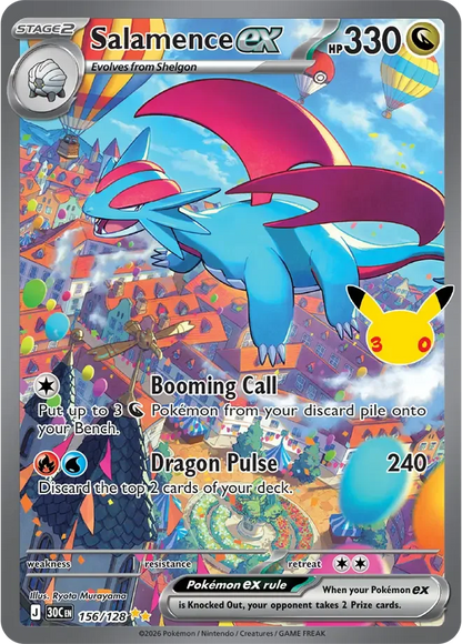 A single Pokémon trading card featuring Salamence EX, with artwork of the blue dragon flying over a colorful city. The card includes game text, stats, and a small Pikachu illustration near the lower right.