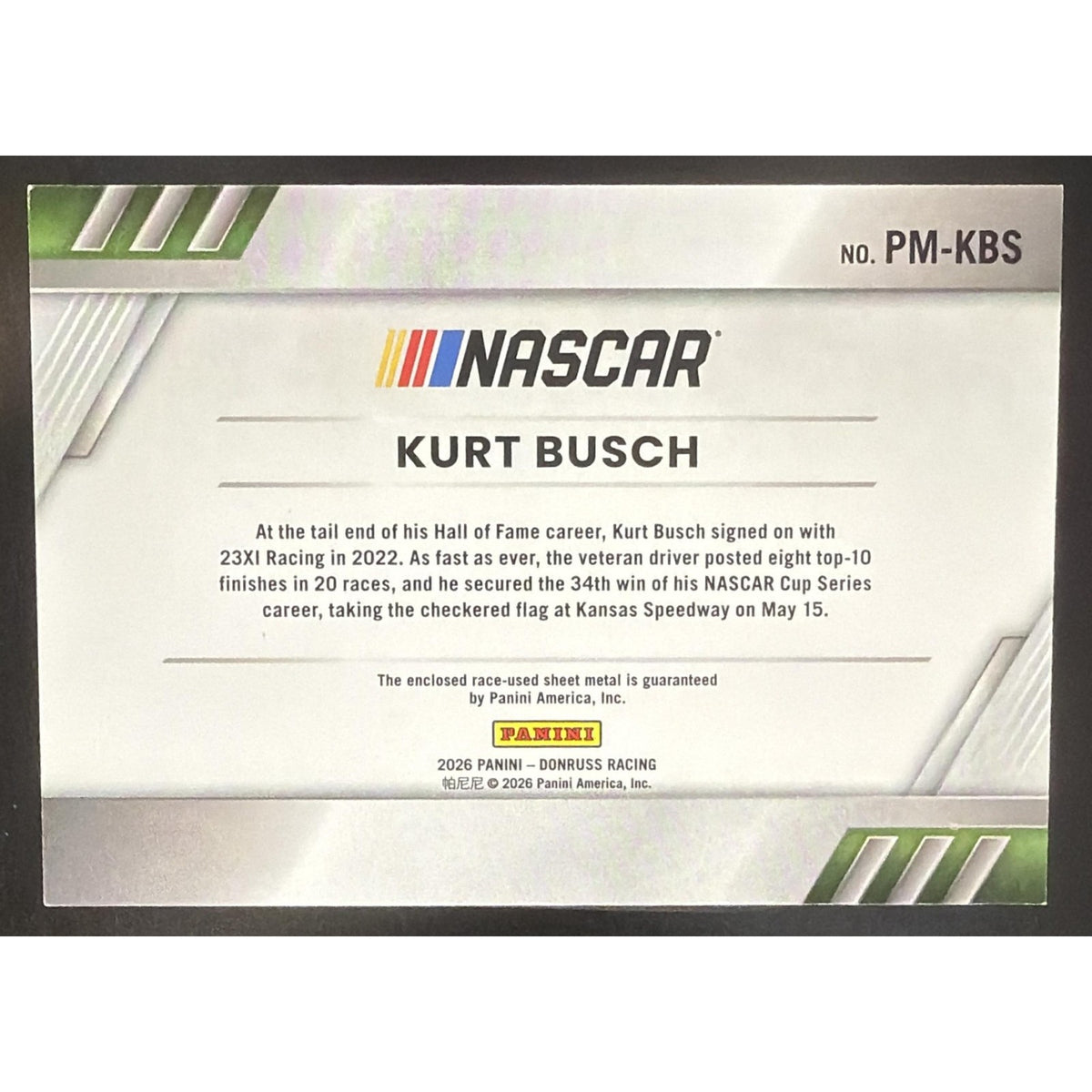 2026 Panini Donruss NASCAR Racing Kurt Busch #30 Pedal to the Metal Materials