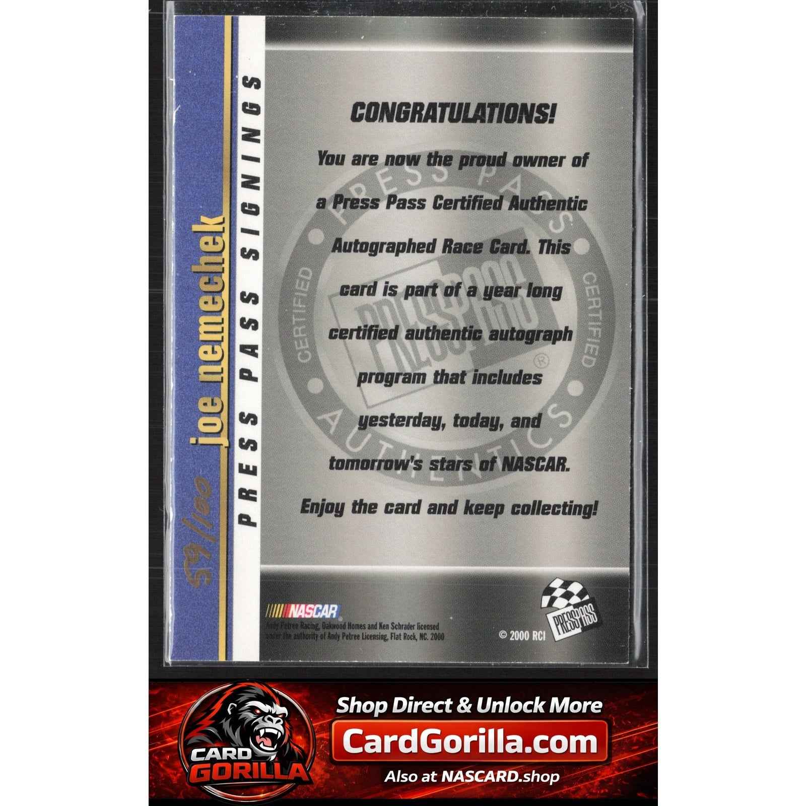 2000 Press Pass #NNO Joe Nemechek Signings Gold #/100