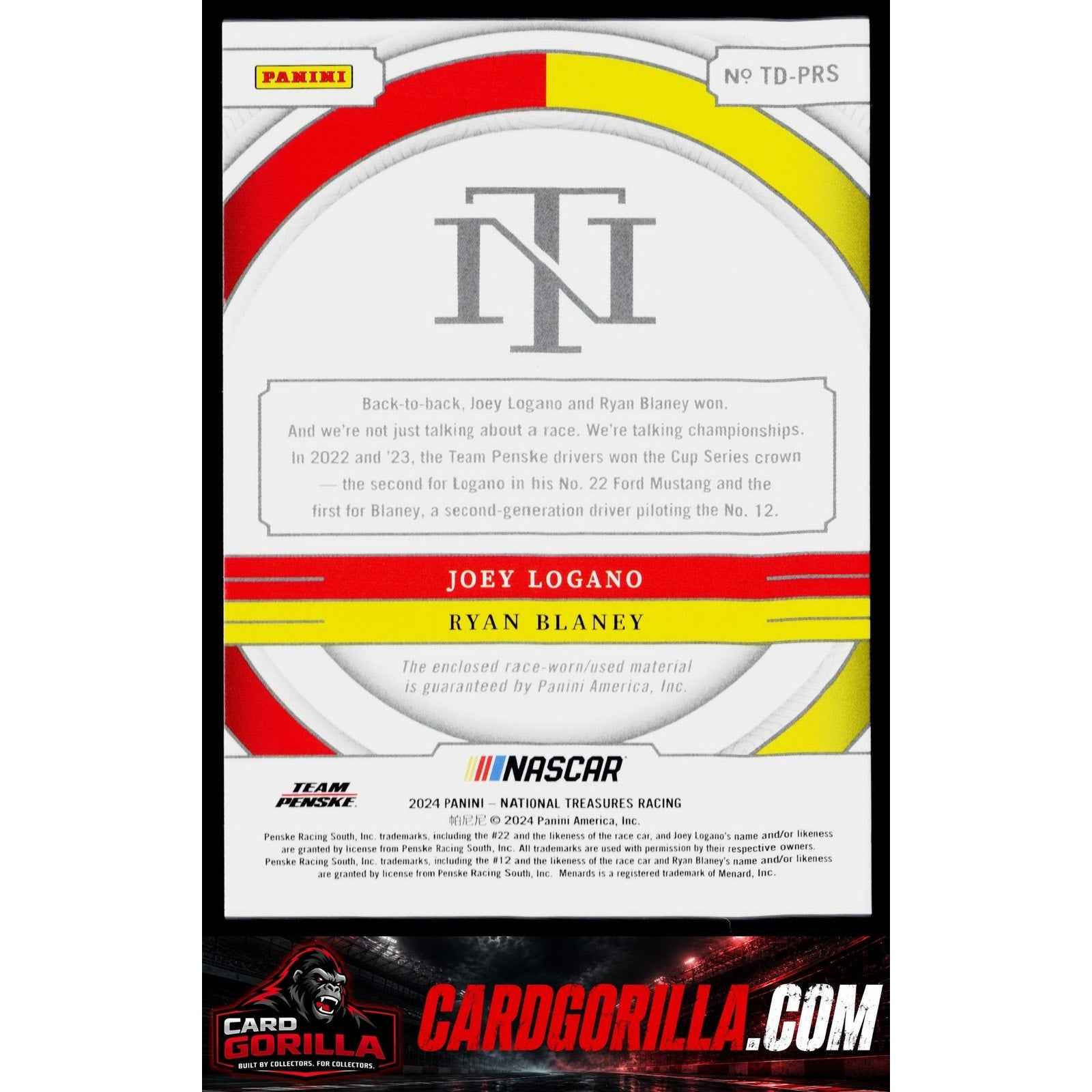 2024 Panini National Treasures #TD-PRS Ryan Blaney / Joey Logano Team Duals #/99