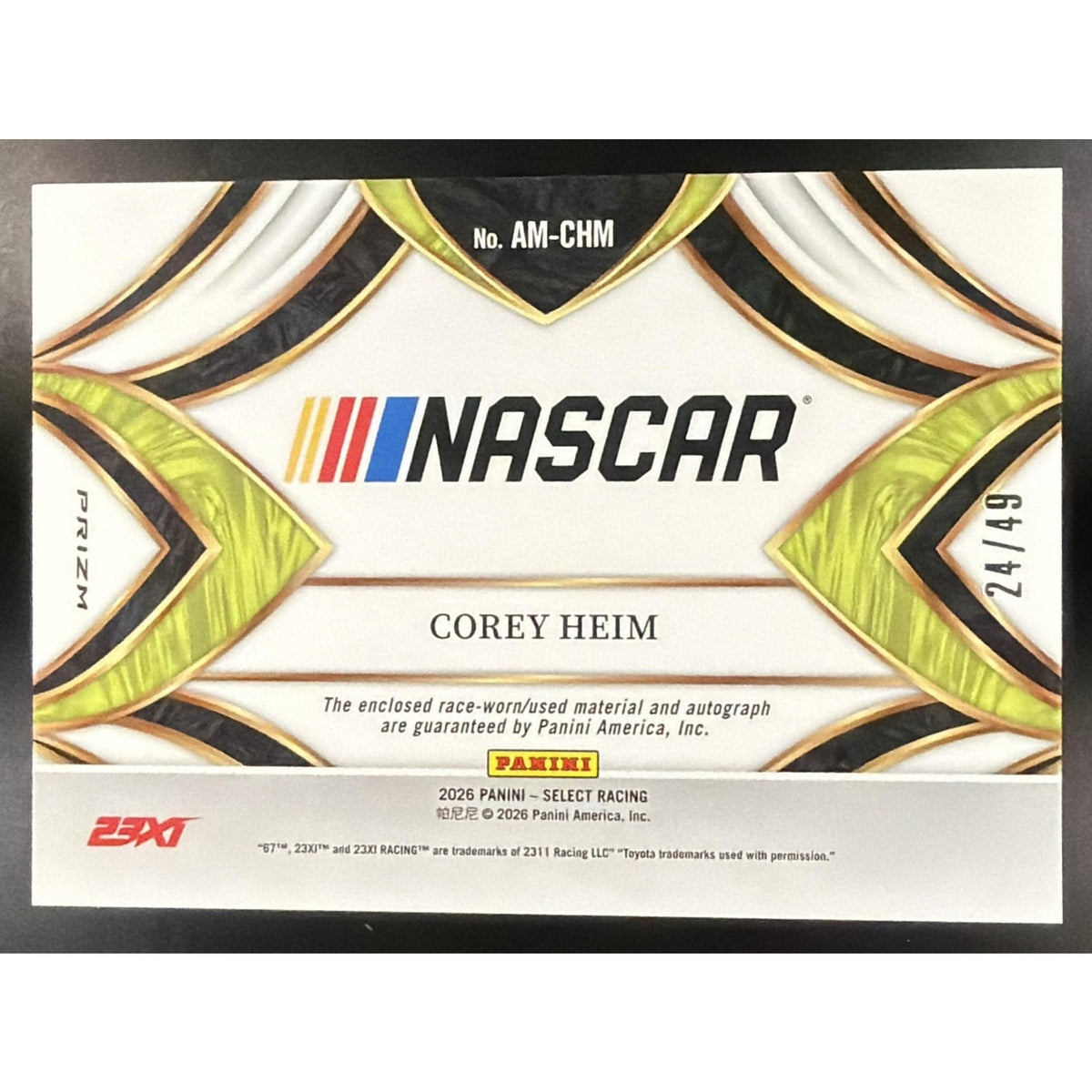 2026 Panini Select NASCAR Corey Heim #AM-CHM Auto Memorabilia Red Prizms /49 MEM